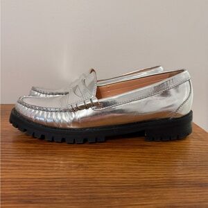 J. Crew Metallic Silver Loafers with Black Soles